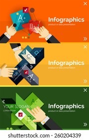 Set Infografischer Flachdesign-Banner mit Händen, die das Produkt oder die Daten zeigen