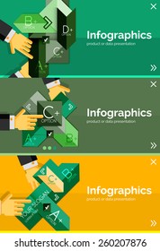 Set of infographic flat design banner with hands showing the product or data