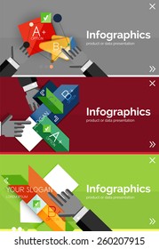 Set of infographic flat design banner with hands showing the product or data