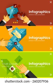 Set of infographic flat design banner with hands showing the product or data