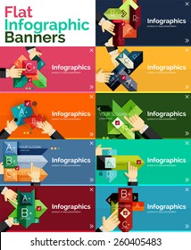 Set of infographic flat design banner with hands showing the product or data