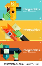 Juego de banner de diseño plano de infografía con las manos mostrando el producto o los datos