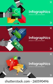 Juego de banner de diseño plano de infografía con las manos mostrando el producto o los datos