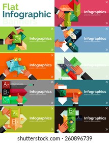 Juego de banner de diseño plano de infografía con las manos mostrando el producto o los datos