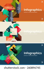 Juego de banner de diseño plano de infografía con las manos mostrando el producto o los datos