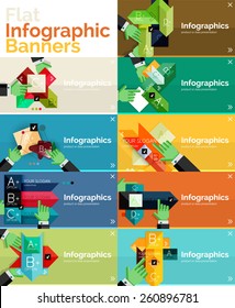Set of infographic flat design banner with hands showing the product or data