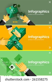 Set of infographic flat design banner with hands showing the product or data