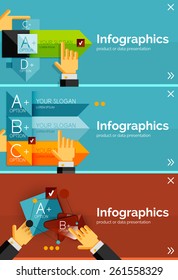 Juego de banner de diseño plano de infografía con las manos mostrando el producto o los datos