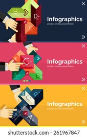 Set of infographic flat design banner with hands showing the product or data
