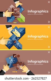 Set of infographic flat design banner with hands showing the product or data
