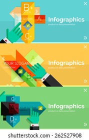 Set of infographic flat design banner with hands showing the product or data