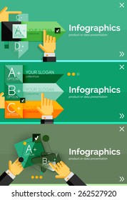 Juego de banner de diseño plano de infografía con las manos mostrando el producto o los datos