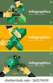 Set of infographic flat design banner with hands showing the product or data