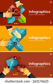 Juego de banner de diseño plano de infografía con las manos mostrando el producto o los datos
