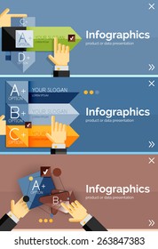 Set of infographic flat design banner with hands showing the product or data