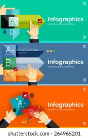Juego de banner de diseño plano de infografía con las manos mostrando el producto o los datos
