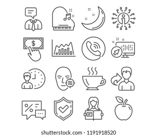 Set of Infographic graph, Working hours and Discounts icons. Woman read, Coffee and Piano signs. Support service, Payment click and Problem skin symbols. Line diagram, Project deadline, Best offer