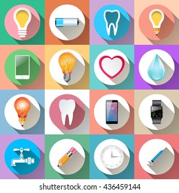 Set infographic icon. Bulb, pencil, battery, tooth, smrtphone, heart, drop, water, watch, smartwatch, tap, clock icon.