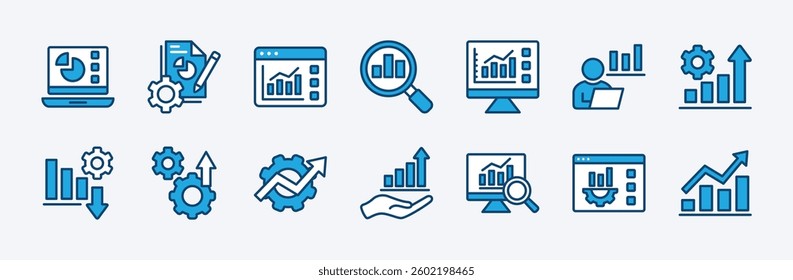 Set of infographic icon. Containing graph report, pie chart, diagram, and information of statistical analysis, marketing strategy process, searching business opportunities. Vector illustration