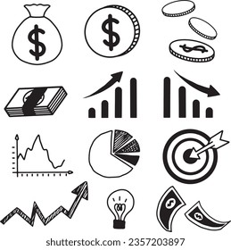 Conjunto de diseño de iconos de Infografía de un gráfico de barras, dinero, negocios, información.