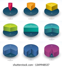 Set of infographic isometric pie chart templates. Share of 10, 20, 30, 40, 50, 60, 70, 80 and 90 percent. Vector illustration.