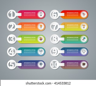 Set of infographic numbered banners. One, two, three, four, five, six, seven, eight, nine, ten options, parts, steps, stages, processes. Vector template with business icons and design elements