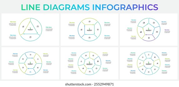 Conjunto de diagramas de ciclo de contorno infográfico com 3, 4, 5, 6, 7 e 8 opções, etapas ou processos