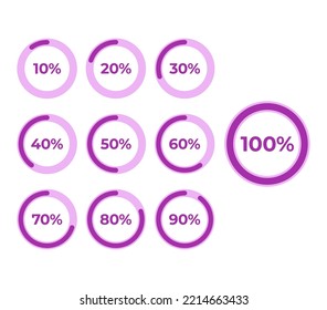 Set of infographic percentage circles on a white background. Percent pie charts vector.