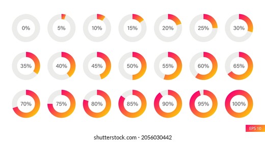 Conjunto de iconos de gráfico circular de porcentaje de infografía en diseño de estilo plano para sitio web, aplicación, interfaz de usuario, aislado en fondo blanco. Ilustración del vector EPS 10 editable.