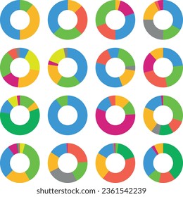 A set of infographic pie charts. Colorful chart with highlights or steps and a hole inside. Vector illustration for infographics, web design or business presentation.
