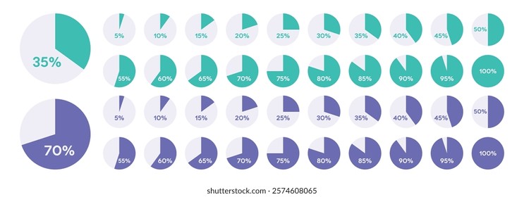 Set of infographic pie charts, segment of circle icons 10% - 100%. Pie chart, ring percentage diagram collection, loading circle icon. Circle percentage diagram for web design, business presentation.