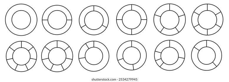Set of infographic pie or circle chart, Wheels divided in eleven sections. Circle section graph, pie chart vector illustration on white background . pie chart icon in stroke. 