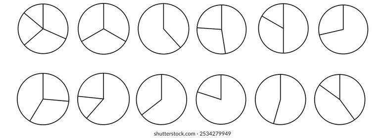 Conjunto de gráficos infográficos de pizza ou círculo, Rodas divididas em onze seções. Gráfico de seção de círculo, ilustração de vetor de gráfico de pizza no plano de fundo branco . ícone de gráfico de pizza no traçado. 