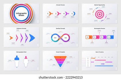 Set of infographic presentation pages - demographic chart, funnel business model, fish skeleton diagram, work timeline, market target graph. Minimal flat vector illustration for information analysis.