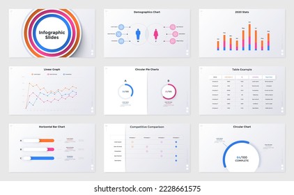 Conjunto de páginas de presentación infográfica: gráfico demográfico, gráfico de columnas, gráfico lineal, tabla de comparación, proceso circular con indicación de finalización. Ilustración vectorial plana mínima para el informe de datos.