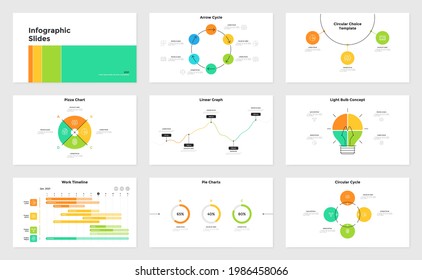 Set of infographic presentation pages - light bulb chart, circular cyclic diagram, linear graph, work timeline. Simple flat vector illustration for business information visualization and analysis.
