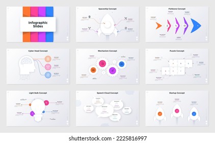 Conjunto de páginas de presentación infográfica - conceptos de bombilla y cabeza, gráfico de hueso de pescado, mecanismo con ruedas de engranajes, modelo de inicio con cohetes. Simple ilustración vectorial plana para visualización de datos.