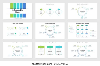 Set of infographic presentation slides - circular pie charts, flowchart with rhombus elements, matrix diagram, pricing tables. Minimal flat vector illustration for business information visualization.