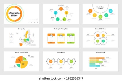 Set of infographic presentation slides - cycle chart, Europe map with country indication, SWOT model, process diagram, pricing table. Modern minimal flat vector illustration for business analysis.