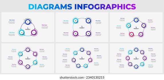 Set of infographic presentation slides. Cycle diagrams with 3, 4, 5, 6, 7 and 8 steps, options, parts or processes. Vector illustration for business data visualization