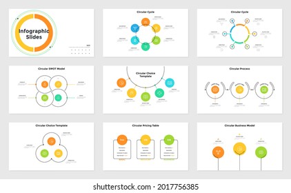 Set Of Infographic Presentation Slides - Cyclic Graph, SWOT Diagram, Circular Pricing Table, Process Chart With Round Elements. Modern Infographic Design Template. Minimal Flat Vector Illustration.