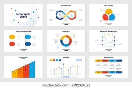 Set of infographic presentation slides - devops infinity chart, Venn diagram, pricing table, growth ascending graph. Simple flat vector illustration for business data analysis and visualization.