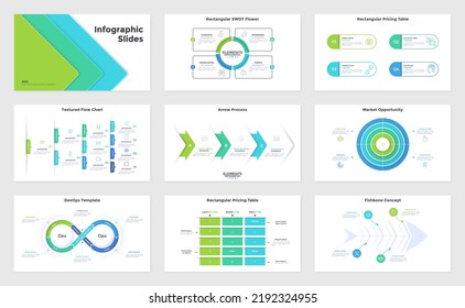 Conjunto de diapositivas de presentación infográfica: diagrama de flujo de jerarquía, diagrama de trama de flor, barra de progreso de flecha, tabla de precios, gráfico de destino. Simple ilustración vectorial plana para el análisis de información empresarial.