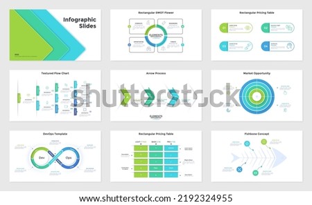 Set of infographic presentation slides - hierarchy flowchart, flower SWOT diagram, arrow progress bar, pricing table, target chart. Simple flat vector illustration for business information analysis.