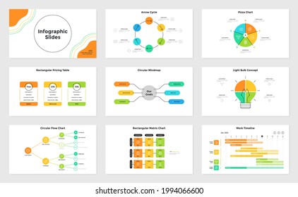 Set of infographic presentation slides - lightbulb concept, pricing table, flowchart or tree diagram. Modern infographic design template. Simple flat vector illustration for statistics visualization.