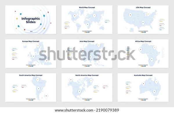 Set of infographic presentation slides with\
maps of geographic regions or continents - Europe, Asia, South and\
North America, Australia, Africa divided by country borders. Flat\
vector illustration.