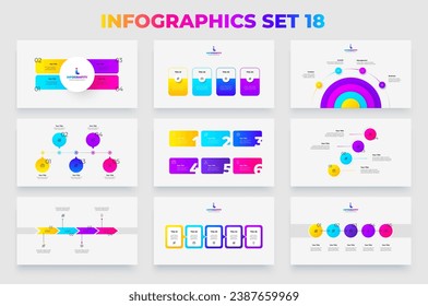 Set of infographic presentation slides. Numbers banners, timeline, diagrams and flow chart. Vector illustration for business data visualization