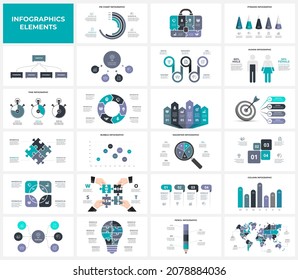 Set of infographic presentation slides. Puzzles, lightbulb, goal, maps, arrows, flowchart and circle diagrams. Vector illustration for business data visualization.