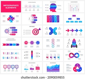 Set of infographic presentation slides. Puzzles, target, goal, rocket, arrows, flowchart and circle diagrams. Vector illustration for business data visualization.
