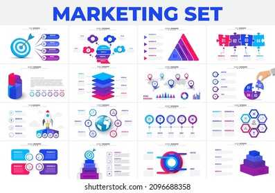 Set of infographic presentation slides. Puzzles, target, goal, rocket, arrows, flowchart and circle diagrams. Vector illustration for business data visualization.